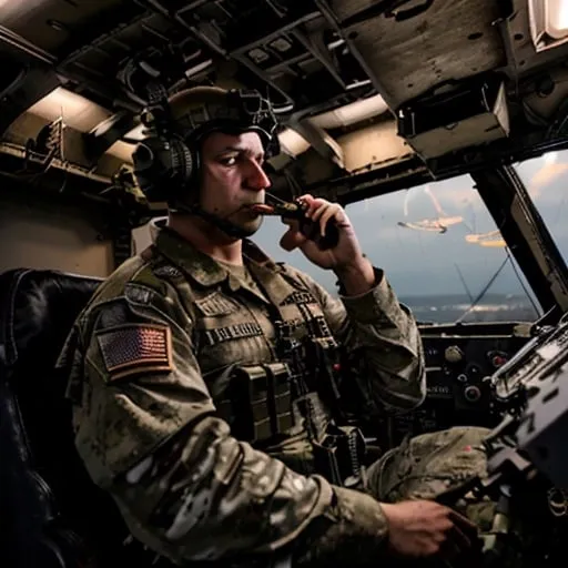 Prompt: Soldier sitting in a military helicopter, smoking a cigar, glowing cigar emitting dim light, dim environment, glowing instrument lights, military vehicle, detailed soldier, intense focus, powerful machinery, high-quality, realistic, military, dim lighting, glowing instruments, detailed tank internals