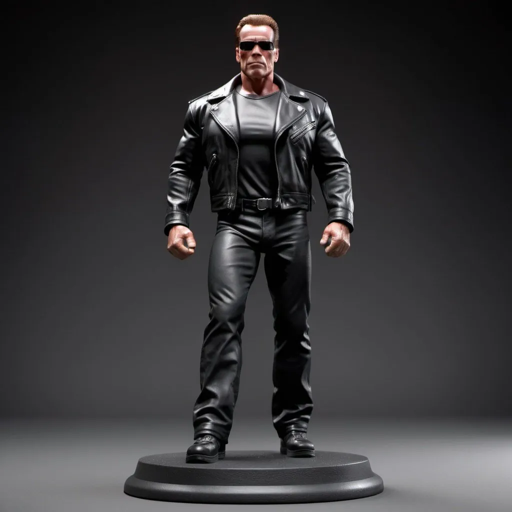 Prompt: figurine of Arnold Schwarzenegger as Terminator, wearing black leather, on a  base, full body, physically based rendering, full body shot, depth of field,