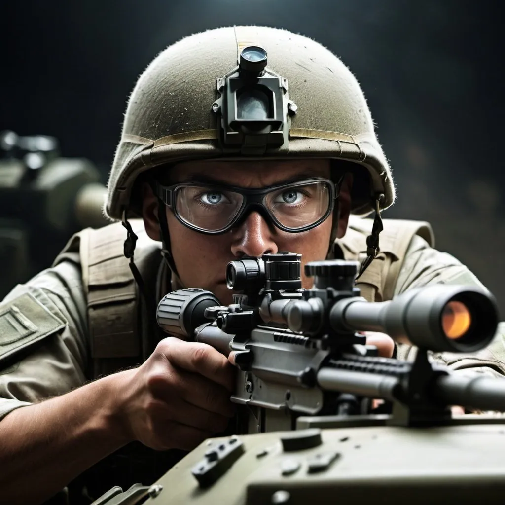 Prompt: Soldier aiming through tank's telescopic sight, dim environment, glowing instrument lights, military tank, detailed soldier, intense focus, powerful machinery, high-quality, realistic, military, dim lighting, glowing instruments, detailed tank, focused soldier