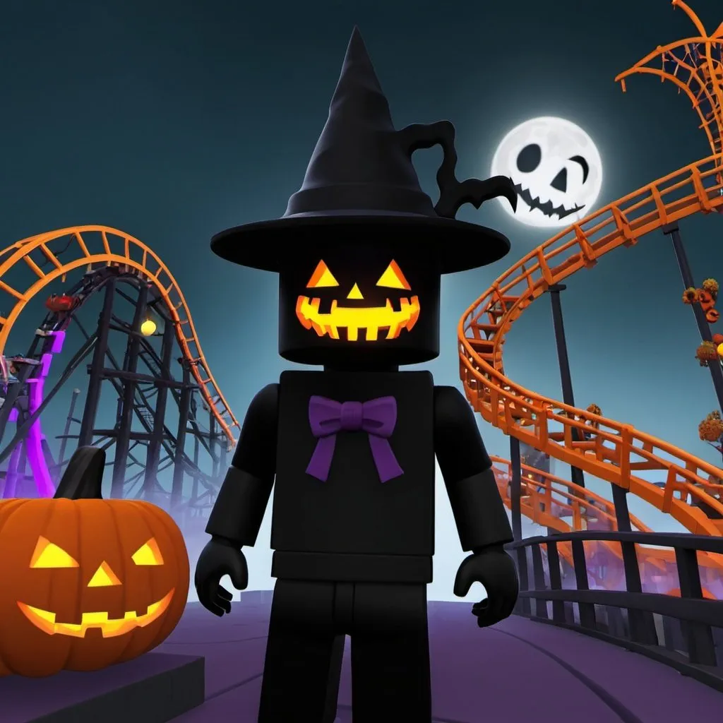 Prompt: spooky Roblox charecter infront of a halloween rollercoaster