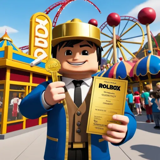 Prompt: Roblox charecter holding a golden ticket infront of a themepark