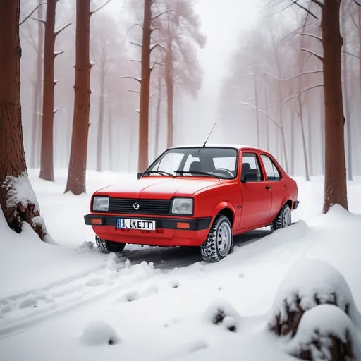 Prompt: “Crea una imagen de un coche Opel Kadett GSi color rojo con un pino recién cortado amarrado al techo, estacionado en un bosque de pinos frondoso en invierno con poca nieve. Que sean las 15 horas.  La escena tiene un estilo cinematográfico, dominado por tonos fríos de azul y verde, evocando una atmósfera invernal y tranquila. La iluminación se centra en la esquina inferior izquierda, dirigiendo el foco hacia el coche y resaltando el contraste entre el pino sobre el techo y el bosque de fondo. La composición es equilibrada y estética, con el coche en el primer plano y el bosque de pinos extendiéndose en el fondo, difuminado ligeramente para crear profundidad.”