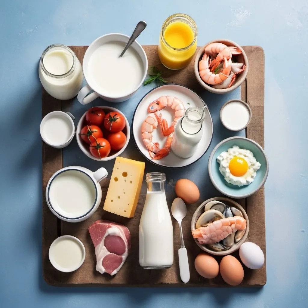 Prompt: Fresh Dairy Milk, Yoghurt, Cheese, Seafood, meat and eggs