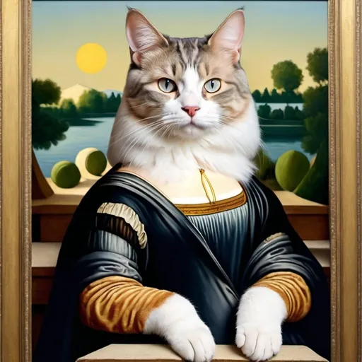 Prompt: A hyperrealistic image of a cat as the Mona Lisa.

