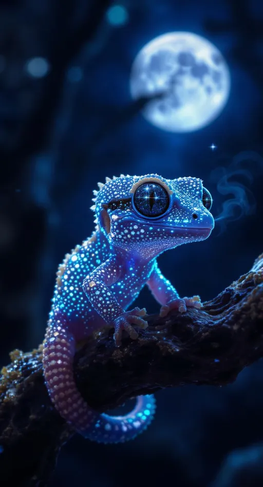 Prompt: A vertical 9:16 cinematic close-up of a dazzling baby gecko perched delicately on a twisted obsidian branch. Its skin glows in deep sapphire blue, shimmering with encrusted micro-gemstones that flicker like tiny stars. Oversized, round obsidian-black eyes reflect a galaxy of starbursts—hyper-detailed and glossy. Fluffy peach ear tufts sway slightly with the forest breeze. Its jewel-lined tail curls elegantly into the soft blur of the background, catching scattered moonlight glints like crushed crystals.

The backdrop glows with the surreal bioluminescence of a dark fairytale forest, bathed in rich indigo shadows and subtle teal highlights. A luminous round moon hovers behind mist-draped branches, creating diffused halo flares. The gecko’s tiny breath puffs in visible glow as it shifts gently.

Aspect Ratio: 9:16 vertical
	•	Studio-quality lighting with cinematic ambient shadows
	•	Ultra-shallow depth of field
	•	30 FPS slow cinematic movement
	•	Hyper-realistic photoreal textures
	•	Perfect golden ratio focal framing