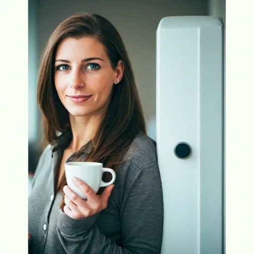 Prompt: Beautiful woman with a telephone and a cup of coffee in her hand