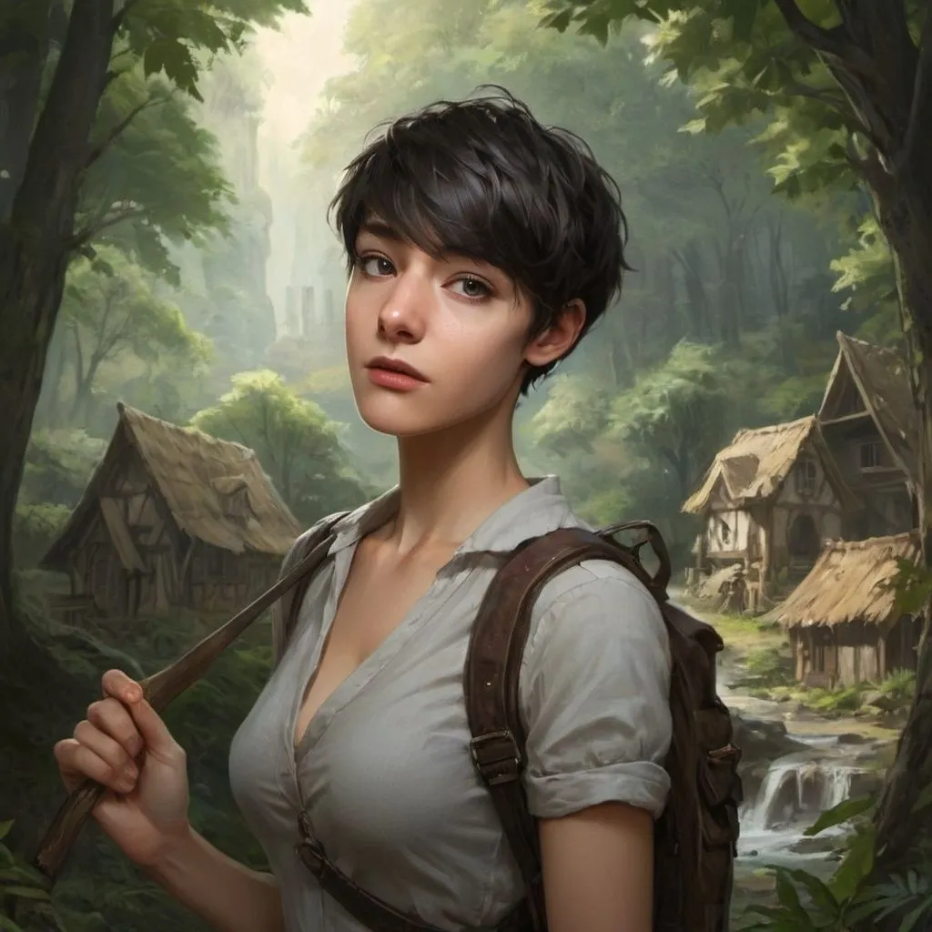 Prompt: fantasy art androgynous female adventurer, pixie cut, black hair, sharp cheekbones, thin eyes, adventuring garb, small village, forest