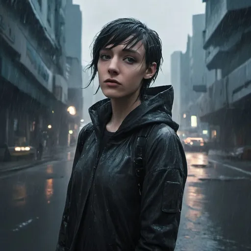 Prompt: fantasy art of a cute hacker girl standing in the rain within a dystopian city, water reflections, (ghost in the shell) style, futuristic, dystopian city, rain, volumetric lighting, dirty concrete, high quality