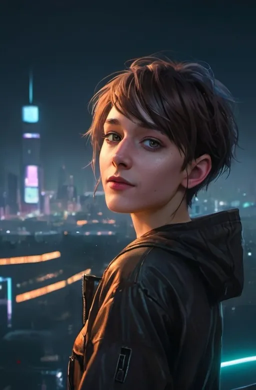 Prompt: Fantasy art of a cute androgynous female hacker looking out across a vast cyberpunk cityscape at night, cyberpunk, neon lights, cybernetics, beautiful view, dawn, high-angle shot, high detail, brown hair, volumetric lighting, detailed face, detailed eyes, cool colors