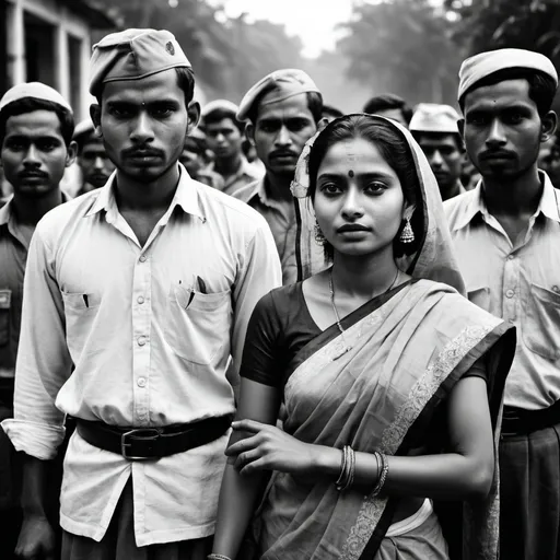 Prompt: Colonial-era Bangladesh under repression, black and white photography, detailed expressions, vintage colonial attire, impactful composition, grainy textures, dramatic lighting, historical, monochrome, emotional, impactful, detailed, vintage attire, colonial repression, powerful composition