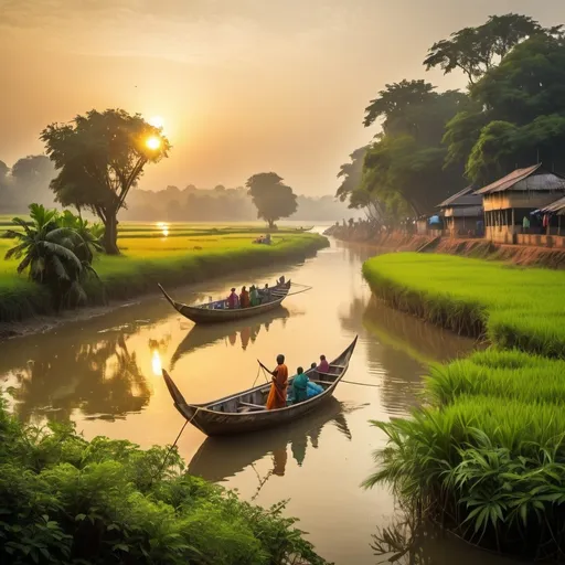 Prompt: Scenic image of Bangladesh, vibrant and lush landscape, traditional fishing boats on serene river, golden sunlight casting warm glow, detailed greenery and flora, high quality, realistic, landscape, traditional, vibrant colors, serene, golden sunlight, lush greenery, detailed river, peaceful atmosphere