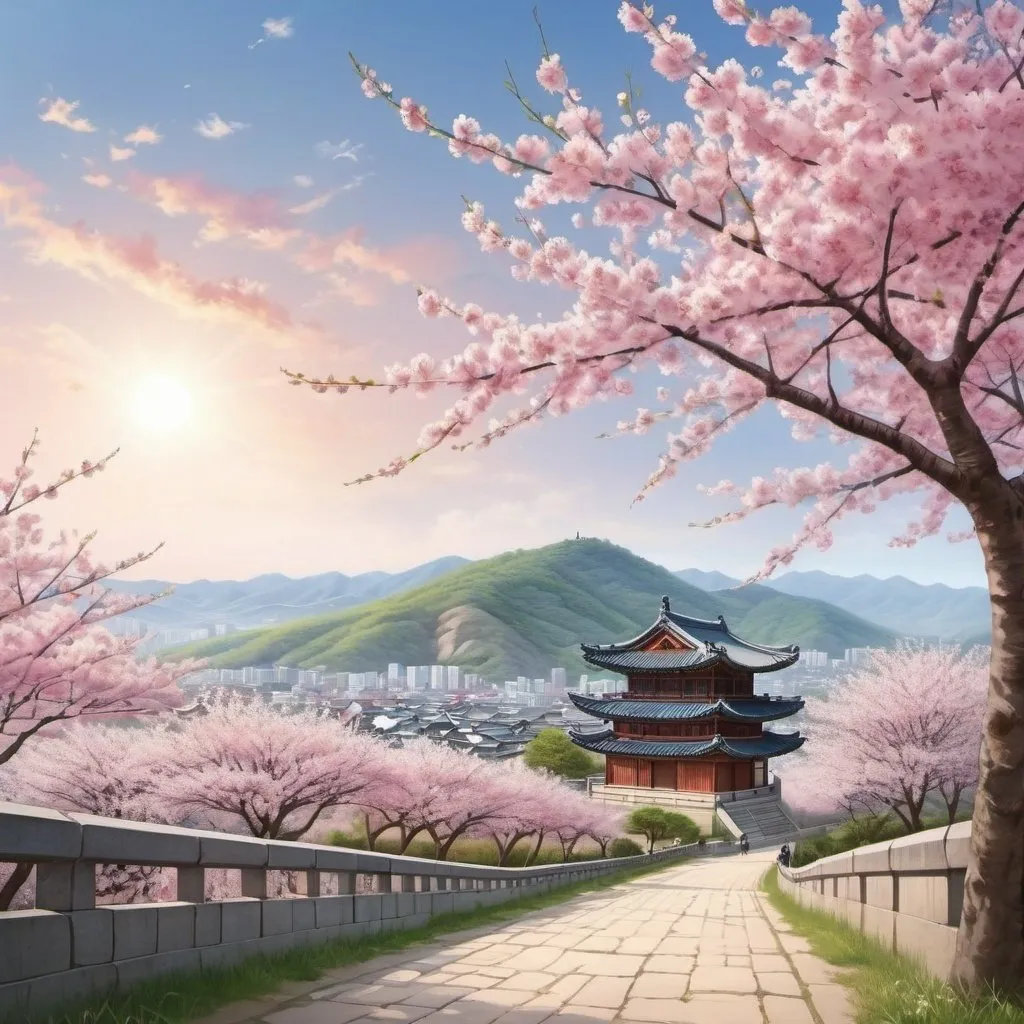 Prompt: Beautiful South Korean landscape with cherry blossoms, beautiful sky, photorealistic
 