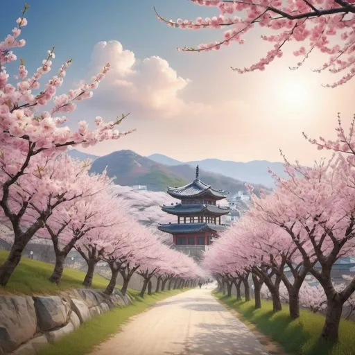 Prompt: Beautiful South Korean landscape with cherry blossoms, beautiful sky, photorealistic
 