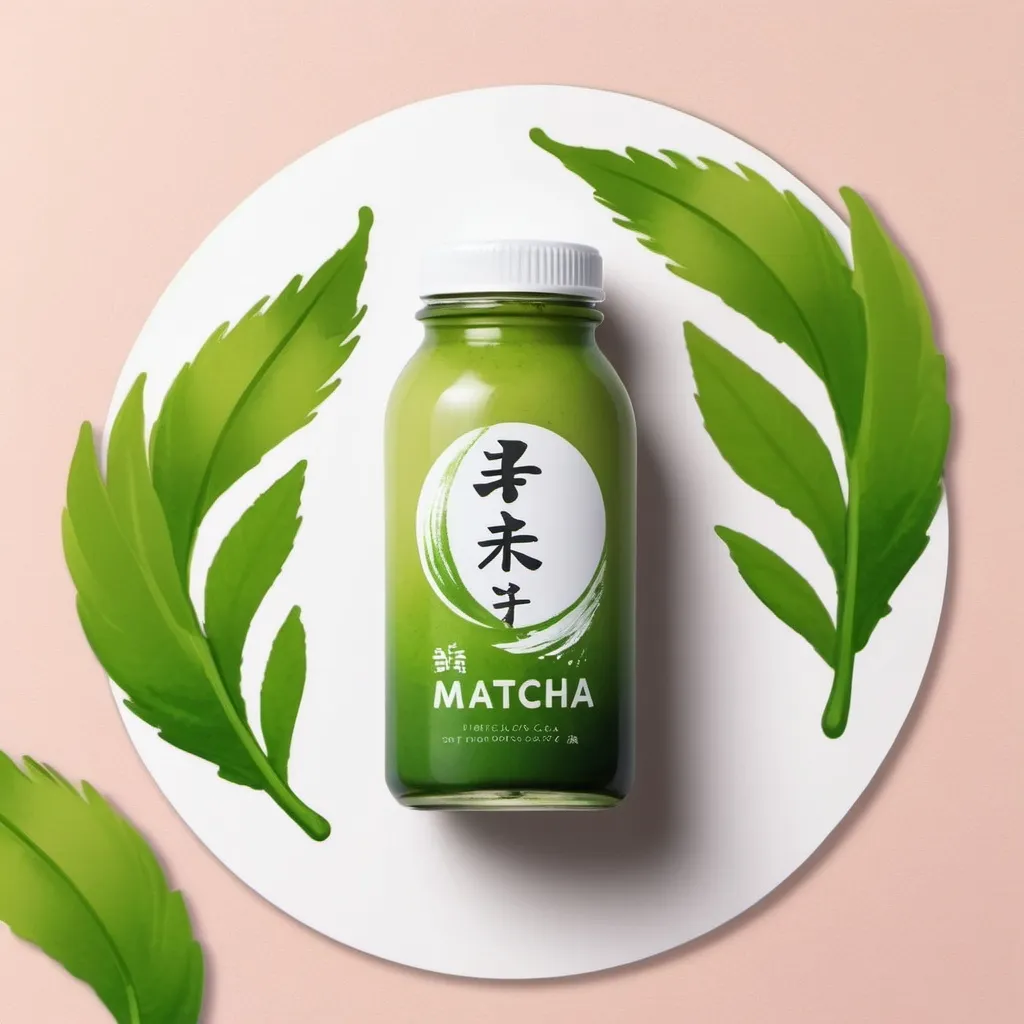 Prompt: An eye catching matcha sticker for bottle packaging written as  "Matchaca" with gradient colors brush painting as background and matcha leaves also add japanese text as decoration