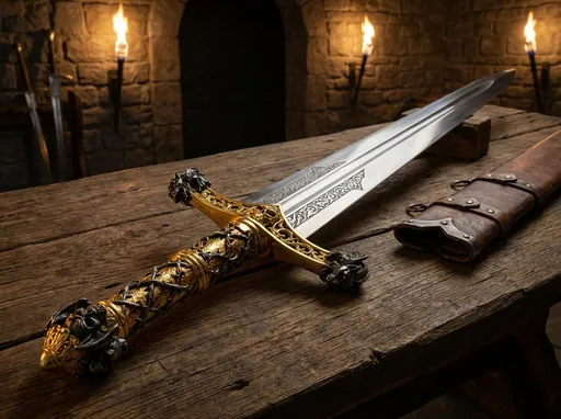 Prompt: A detailed medieval longsword with intricate designs which is larger in size and sharp that would cut anything in one attack and its handle is designed in a way that are the symbols of cruelity and the handle design is made of pure gold 
