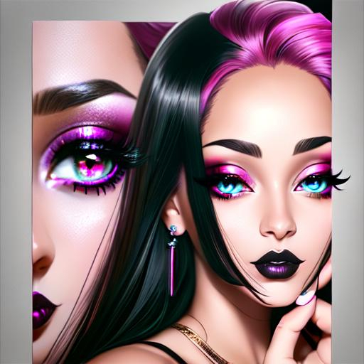 Prompt: Magenta colored eyes, portrait, long shot super detailed lifelike illustration, brown skin lady, black hair, cute face, black lipstick, black eyeshadow, dark aesthetic, realistic face, large realistic eyes, smooth soft skin, soft lighting, perfect ratio, symmetrical face, realistic hands, intricate artwork, highly detailed, perfect composition, sharp focus