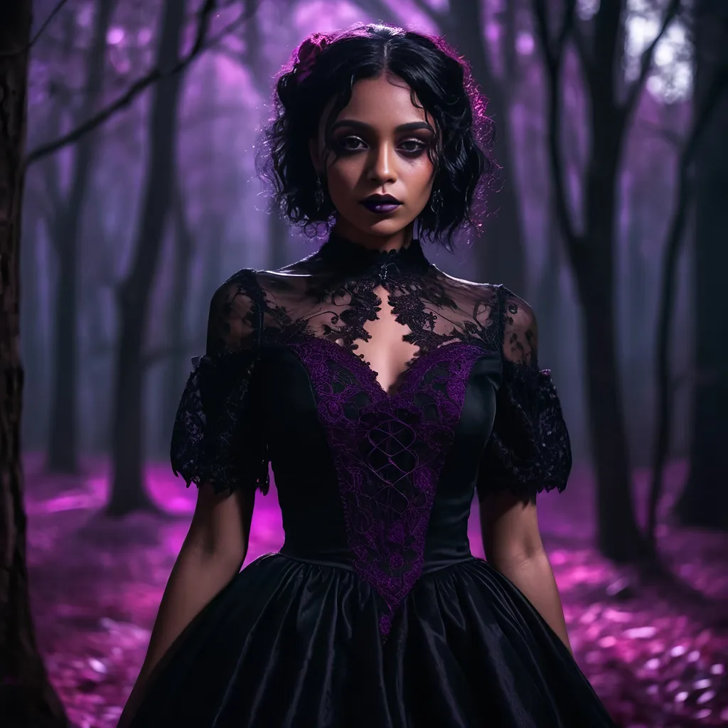 Prompt: A lady with brown skin and (dark hair) wearing a Goth styled black dress with magenta accents, dramatic shadows, enchanting atmosphere, dark and mystic, dim lighting with purple undertones, intricate lace details on the dress, night-time forest background, rich and deep color tones, ultra-detailed, cinematic masterpiece, 4K.