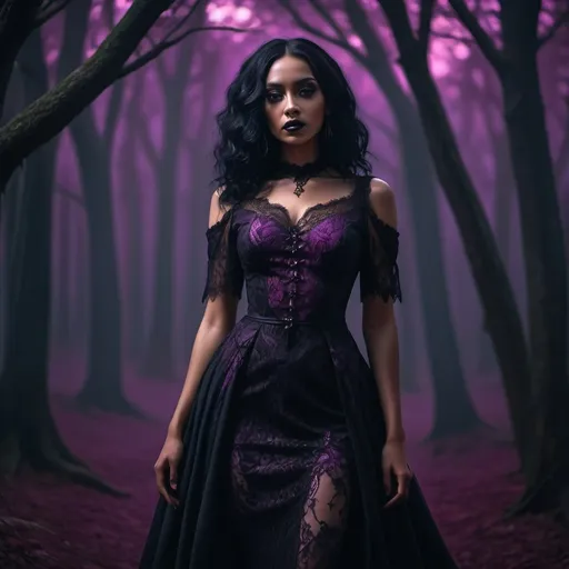 Prompt: A lady with brown skin and (dark hair) wearing a Goth styled black dress with magenta accents, dramatic shadows, enchanting atmosphere, dark and mystic, dim lighting with purple undertones, intricate lace details on the dress, night-time forest background, rich and deep color tones, ultra-detailed, cinematic masterpiece, 4K.