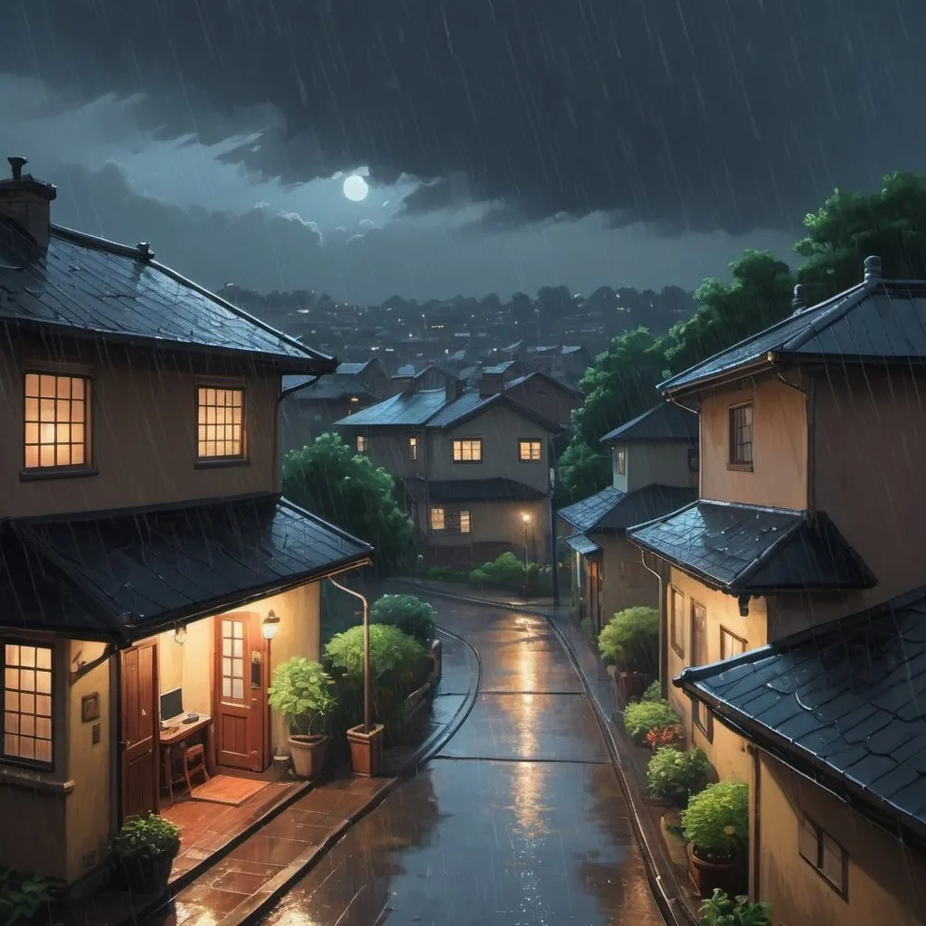 Prompt: Create an AI art piece inspired by the Studio Ghibli style, depicting a rainy night scene as viewed from a window. The scene should convey a sense of warmth and coziness, despite the rainy weather outside. The viewer should be looking out from an interior space, with raindrops visible on the window pane. Outside the window, the viewer should see the neighboring rooftops bathed in the soft glow of streetlights, with rain falling gently from the sky. The scene should be rich in detail, with each raindrop and rooftop tile meticulously rendered to capture the ambiance of a rainy night in a suburban neighborhood. The colors should be muted and atmospheric, with hints of warm light and cool shadows. Overall, the art piece should evoke a feeling of nostalgia and contemplation, inviting the viewer to immerse themselves in the quiet beauty of the rainy night.