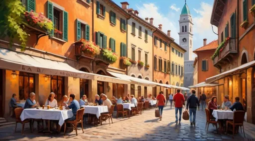 Prompt: Italian square, bustling with life, outdoor dining, cobblestone streets, warm and inviting atmosphere, vibrant colors, lively conversations, children playing, aromatic coffee, fresh pasta, historical architecture, high quality, oil painting, warm tones, natural lighting