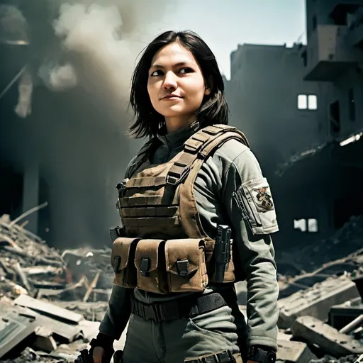 Prompt: A fierce female soldier wearing a tactical suit, equipped with advanced weaponry and gadgets. She is standing in a futuristic, war-torn cityscape, with smoke and debris surrounding her. Her expression is determined and unwavering.

Additional details:

Pose: Standing in a defensive stance, aiming her weapon at a distant target.
Emotion: A fierce and resolute expression, reflecting her determination and courage.
Lighting: Harsh, dramatic lighting, with shadows emphasizing the gritty, post-apocalyptic atmosphere.
Atmosphere: A tense and chaotic atmosphere, capturing the intensity of the battlefield.