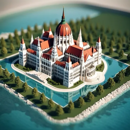Prompt: miniature isometric world render, a Hungary Parlament surrounded by clear water,  on a table