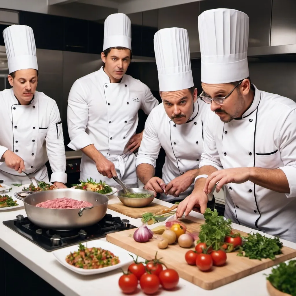 Prompt: Generate a kitchen with confused chefs making a dish