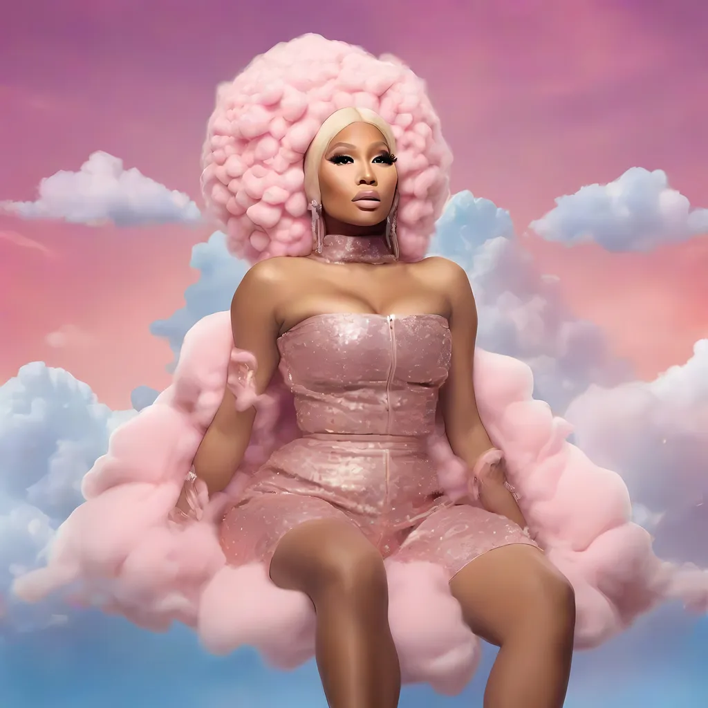 Prompt: Nicki Minaj sitting on one fluffy cloud and the background is a glittery sky 