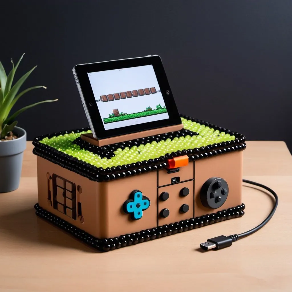 Prompt: Cool Power Station box for charging Home electronics, like phones, ipad and "nintendo Switch". Ipad-holder function. Game inspired design. Brown and black color. The box is made in hama beads