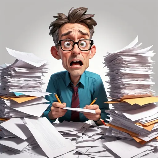 Prompt: Cartoon timid teacher struggling with a pile of papers. No background