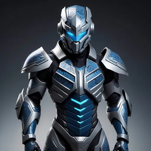 Prompt: A striking figure clad in a futuristic, armored suit commands attention with its sleek design, predominantly in shades of blue and accented by gray and black elements. The distinctive helmet features angular accents and glowing eyes, contributing to an air of both mystery and strength. The character's body is adorned with intricate patterns and reinforced sections, suggesting advanced technology and functionality. A prominent belt equipped with gadgets further emphasizes their readiness for action, while the sharp fins and streamlined silhouette hint at agility and a predatory nature. Overall, the illustration conveys a sense of dynamic energy and heroism, inviting curiosity about the character's backstory and adventures.