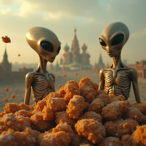 Prompt: Aliens visit earth to find all of the fried chicken in Russia. 