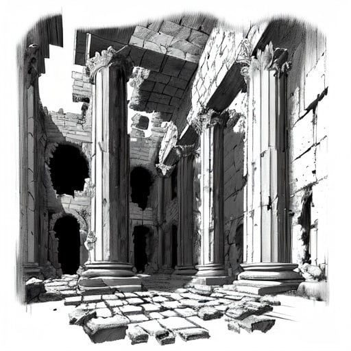 Prompt: <mymodel>Pencil-sketch of a ruin of a Roman temple, ancient architecture, crumbling walls, detailed pillars, realistic shading, black and white, dramatic lighting, high quality, detailed sketch, historical, majestic ruins, intricate details, professional, atmospheric shading