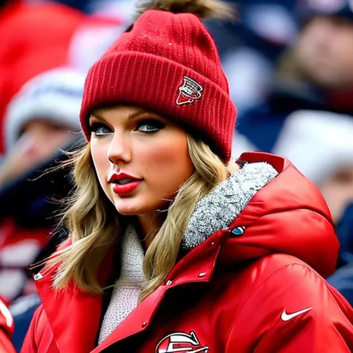 Prompt: Taylor swift at NFL game watching football and freezing cold.  So much snow. It’s snowing and she is shivering it is so cold. Taylor has ice stuck to her face. She needs to look very very cold and sad. She is in the stands with other people  it’s a blizzard. She is dressed In red at chiefs game.  More snow. Don’t forget the snow and ice. 