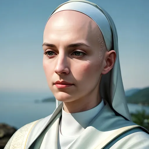 Prompt: Bald nun meditating, realistic, serene expression, peaceful atmosphere, photorealism, tranquil setting, soft lighting, realistic textures, contemplative mood, high quality, detailed, photorealism, peaceful ambiance, serene, realistic lighting, tranquil, detailed textures, focused meditation