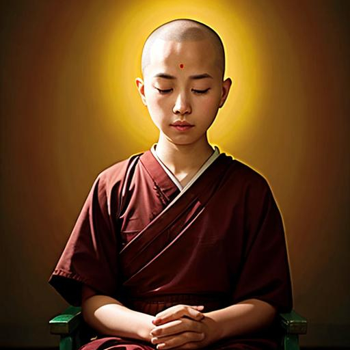 Prompt: photorealism, young bald Buddhist nun meditating, peaceful and serene expression, realistic lighting, peaceful ambiance, fine art, high quality