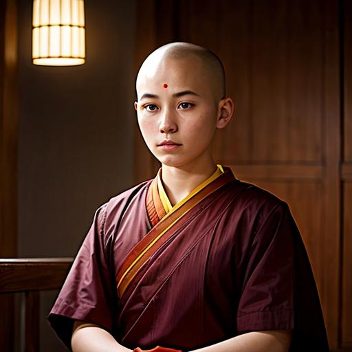 Prompt: photorealism, young bald Buddhist nun meditating, peaceful and serene expression, realistic lighting, peaceful ambiance, fine art, high quality