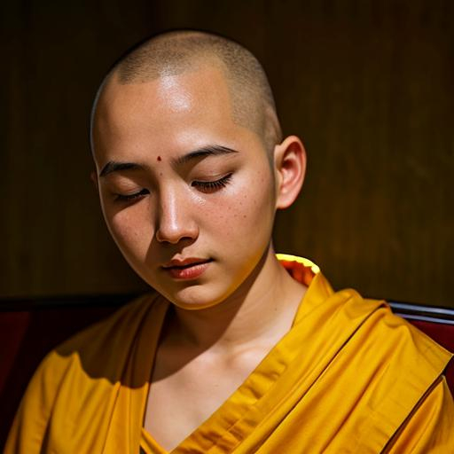 Prompt: photorealism, young bald Buddhist nun asleep, peaceful and serene expression, realistic lighting, peaceful ambiance, fine art, high quality