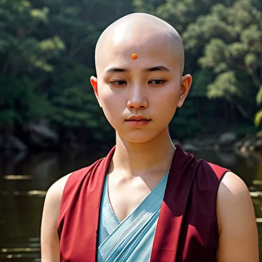 Prompt: photorealism, young bald Buddhist nun meditating, peaceful and serene expression, realistic lighting, peaceful ambiance, fine art, high quality