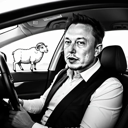 Prompt: Please, Draw a black and white cartoon picture of Elon Musk inside a Tesla with a horned sheep in the passenger seat with the words letters $MERL.