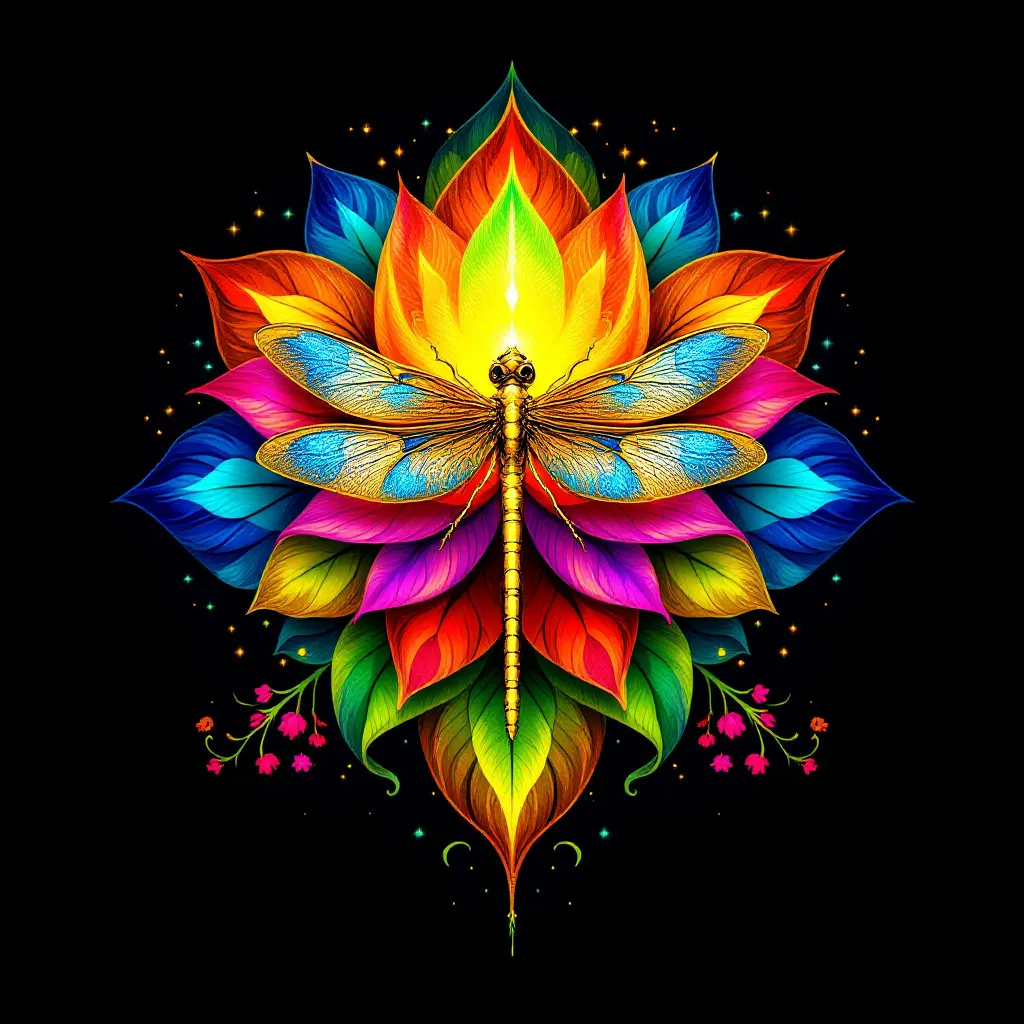 Prompt: a beautiful golden dragonfly , centered in a lotus like rainbow color flower blossoming that is very radiant and luminious. The colors are bold and all are bright , there are ayahuasca vines and amazonian plants growing around the flower. this image is a logo with the words" Uni Kawa Shipibo Peace Center" on it

i recieved this vision on ayahuasca