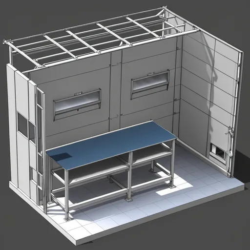 Prompt: 2d layout for a welding booth length 6m width 4.2m
Have 5 welding table in it which is just beside the wall, 1m distance between each table.
Have 2 door 1.2m each
