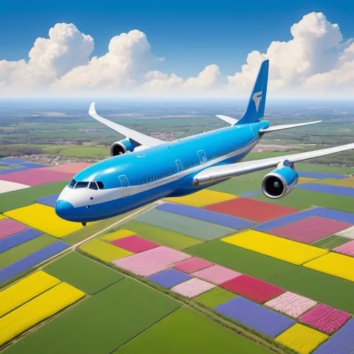 Prompt: High-flying cargo airplane over blooming spring fields, clear blue skies, detailed blue and white exterior, vibrant flower fields, high quality, clear skies, cargo airplane, blooming flowers, springtime, detailed exterior, vibrant colors, aviation, professional, sunny weather, atmospheric lighting