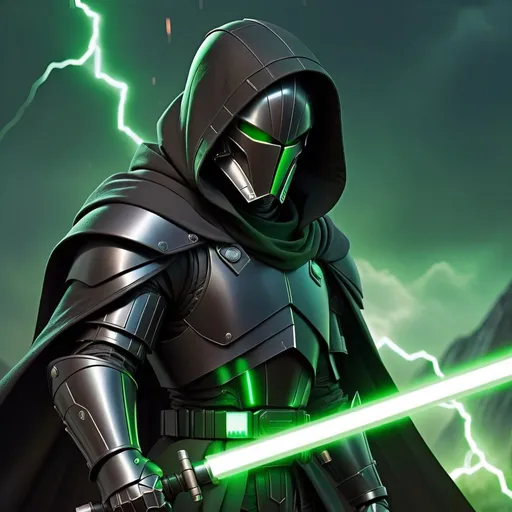 Prompt: futuristic knight, technical black armor, black cloak, hood up, a green lightsaber, lightning background, green energy