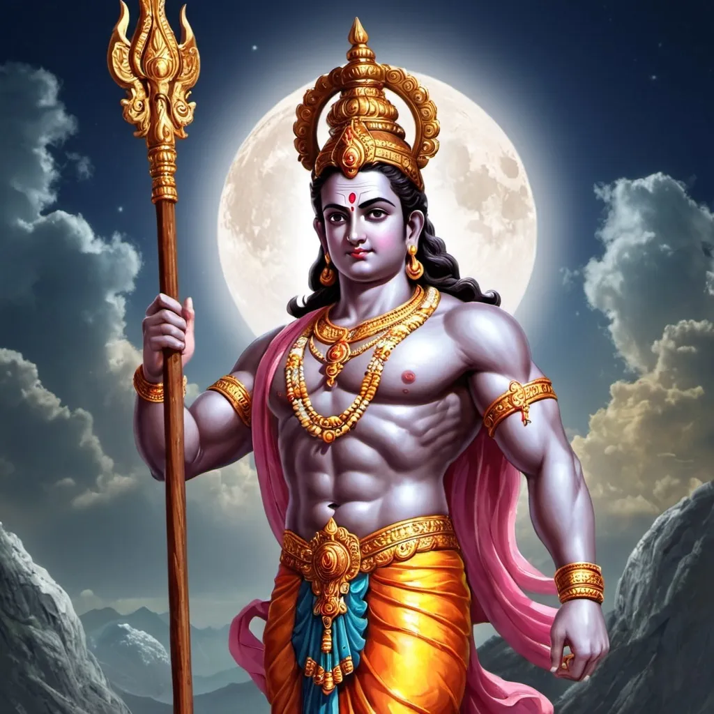 Prompt: lord ram hd wallpapers hd wallpapers hd wallpapers hd, puṣkaracūḍa, indian god, legendary god holding spear, hindu god, from ramayan, hindu aesthetic, hindu art, divine god, divine realm of gods, hindu gods, hinduism, vishnu, hindu, by Ram Chandra Shukla, artificial intelligence god, attractive male deity, deity), divine background, deity, god of moon