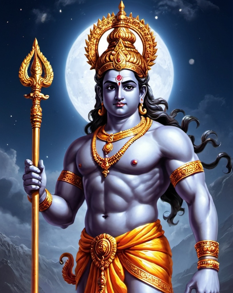 Prompt: lord ram hd wallpapers hd wallpapers hd wallpapers hd, puṣkaracūḍa, indian god, legendary god holding spear, hindu god, from ramayan, hindu aesthetic, hindu art, divine god, divine realm of gods, hindu gods, hinduism, vishnu, hindu, by Ram Chandra Shukla, artificial intelligence god, attractive male deity, deity), divine background, deity, god of moon