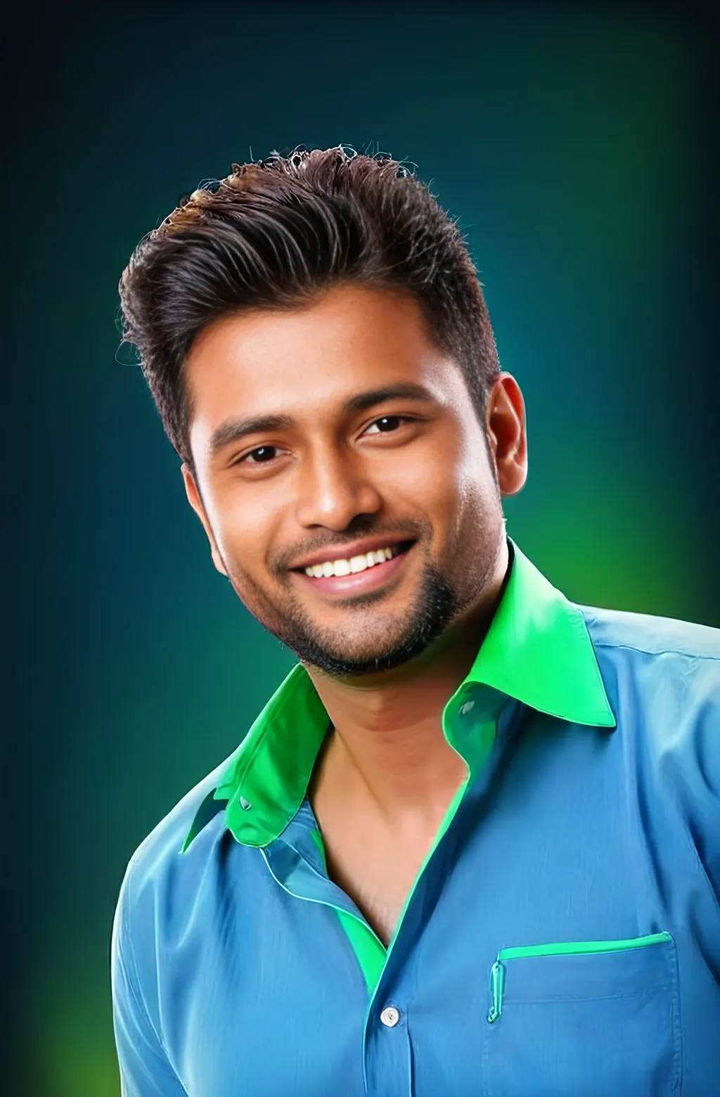 Prompt: a man in a blue shirt smiling for a picture with a blue background and a green background behind him, Bholekar Srihari, samikshavad, jayison devadas, a character portrait