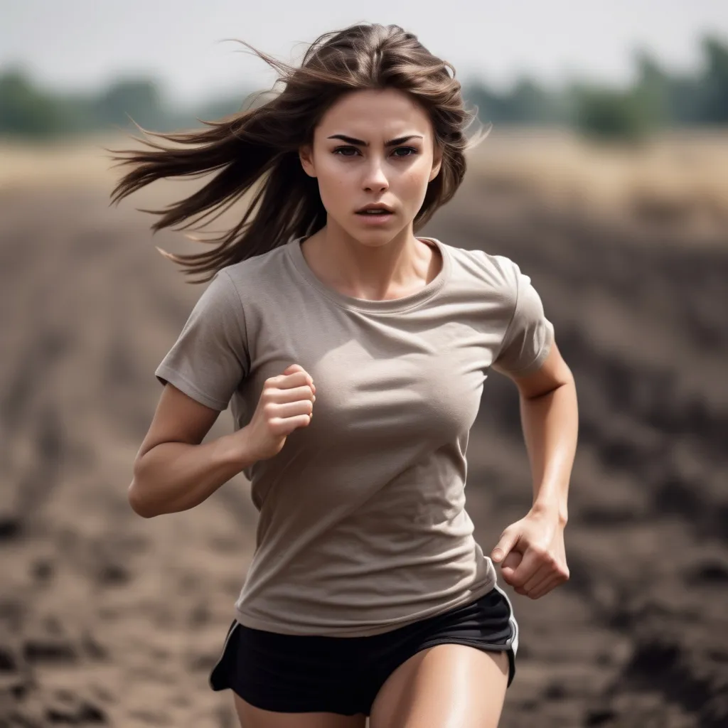 Prompt: muscular girl, shotrt brown hair, very pretty face, small dark eyes, in long t-shirt, without pants, running across the battlefiled