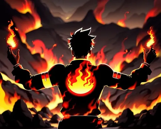Prompt: Man with fire powers surrounded by lava, apocalyptic background, back-view, 4k, intricate details, happy smile, best quality, apocalyptic, fire powers, kid, lava, intricate design, intense background, powerful, detailed, vibrant colors, high-res, detailed expression, dynamic composition, black hair, back-view, badass, highest quality