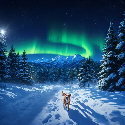 Prompt: A breathtaking winter landscape under a clear night sky, snow-covered mountains and trees, soft glowing aurora borealis in vibrant shades of blue and green dancing across the sky, shimmering stars, snow gently falling, a dog running joyfully through a snow-covered trail, long shadows from the moonlight reflecting on the snowy ground, serene and magical atmosphere, highly detailed, cinematic lighting, ultra-realistic, 4K resolution